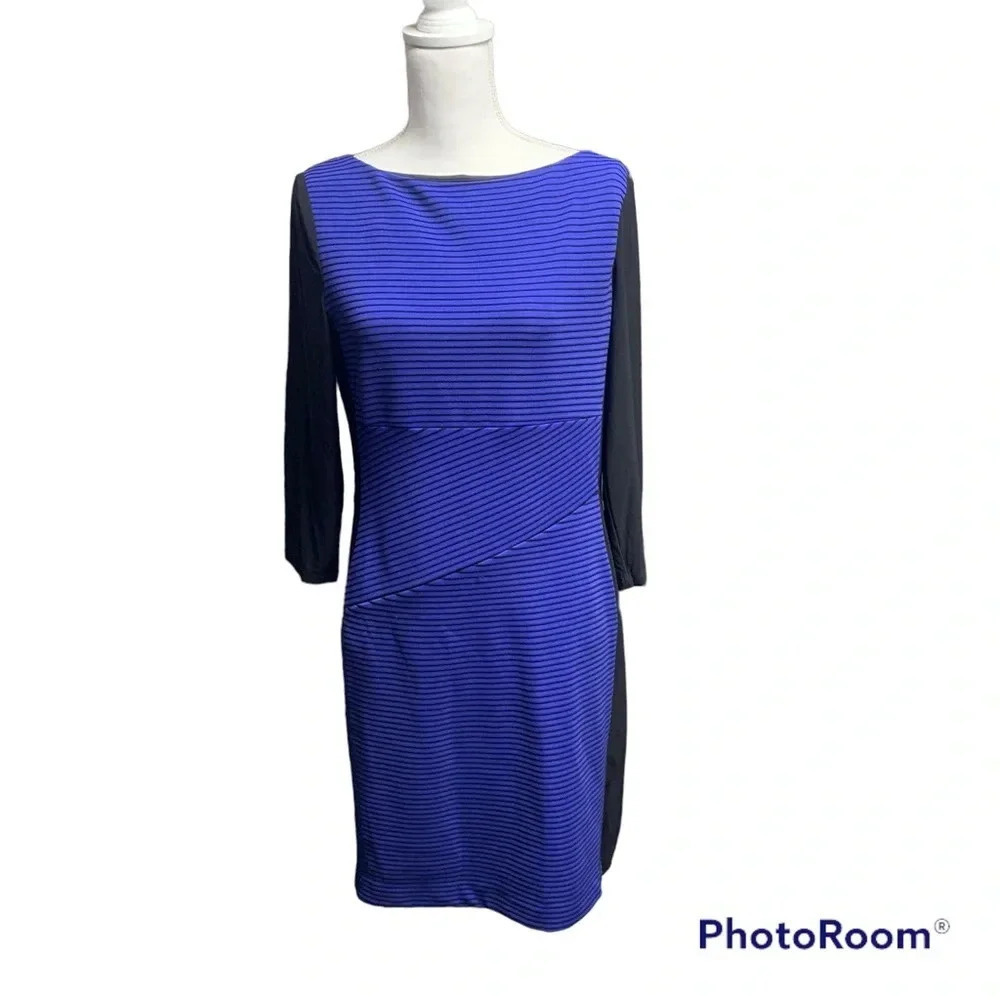 Chaps blue/black striped dress size 12 hidden back zipper